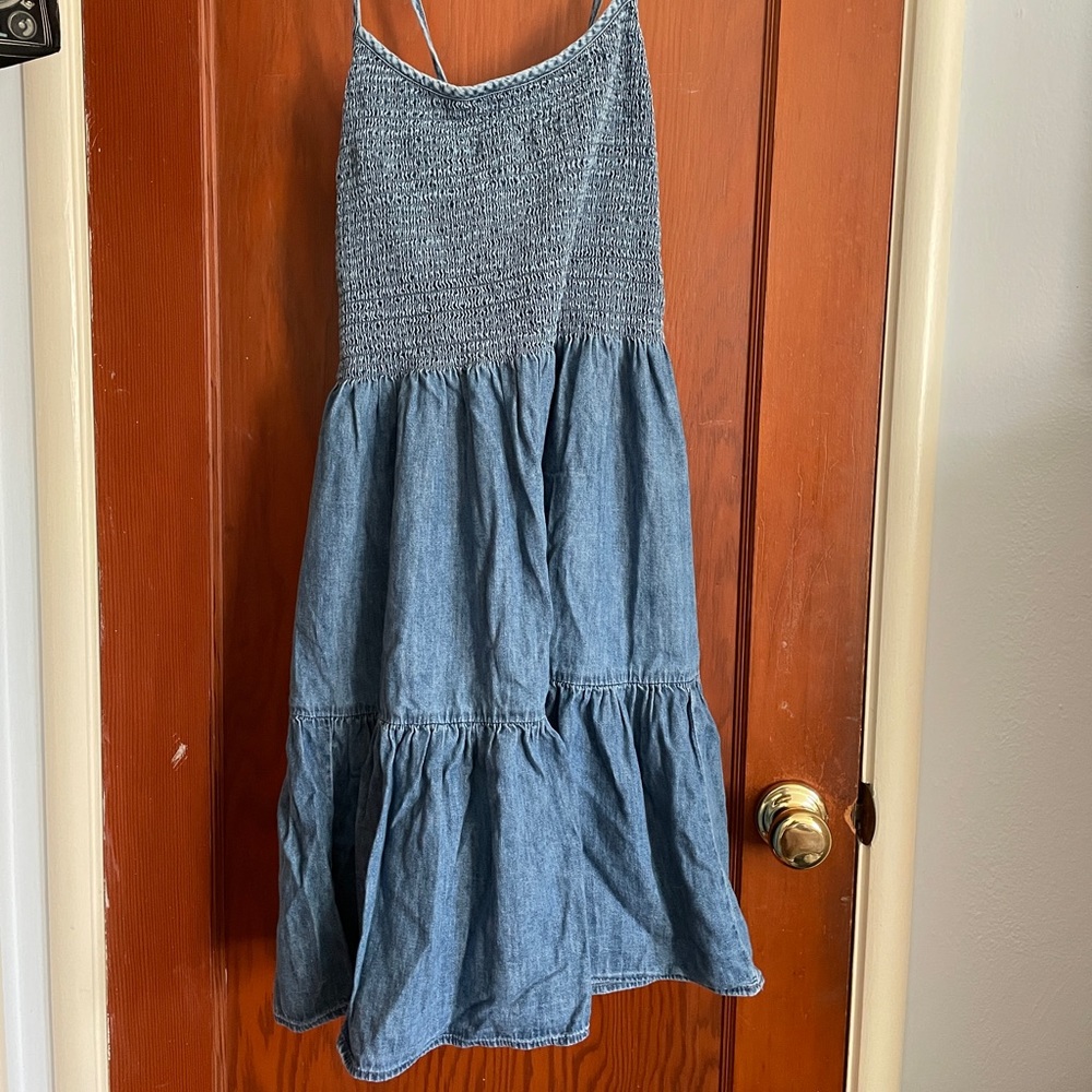 GAP Blue Denim Smocked Mini Dress with a tie back